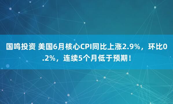 国鸣投资 美国6月核心CPI同比上涨2.9%，环比0.2%，连续5个月低于预期！